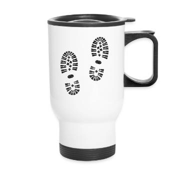 Empreintes de bottes, chaussures de randonnée, randonnée en montagne - Tasse isotherme avec poignée - blanc - Devant