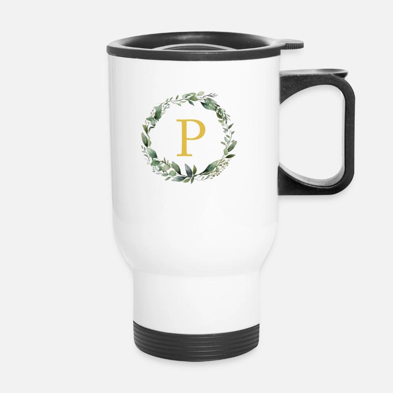 P monogramme, Couronne d’Eucalyptus - Tasse isotherme avec poignée - blanc