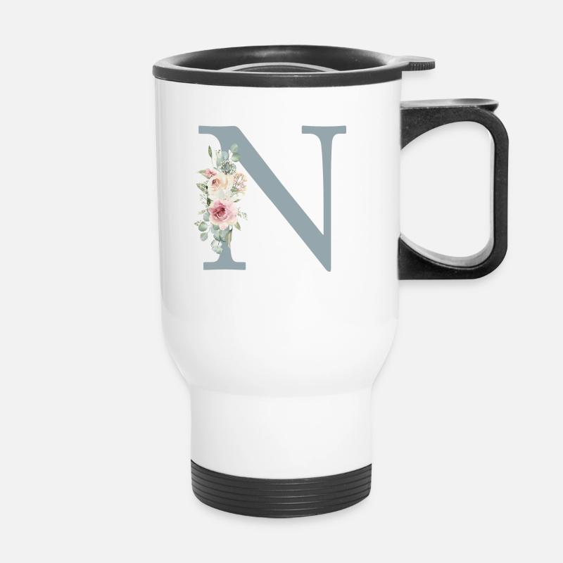 N| Monogramm | Eukalyptus-Pastell-Blumen-Blau - Thermobecher mit Tragegriff - Weiß