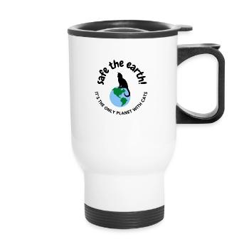 Katzenmotiv "safe the earth" - Thermobecher mit Tragegriff - Weiß - Vorne