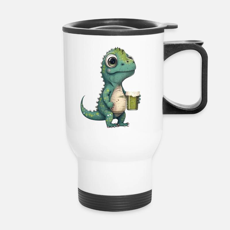 Mignon dinosaure buvant un verre de bière - Tasse isotherme avec poignée - blanc