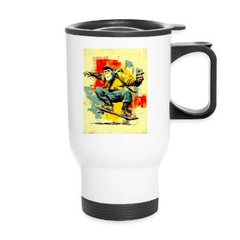 Cooler Affe auf Skateboard- modern, stylisch - Thermobecher mit Tragegriff - Weiß - Vorne