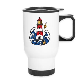 Marine-Leuchtturm- und Wellen-Tattoo-Stil - Thermobecher mit Tragegriff - Weiß - Vorne
