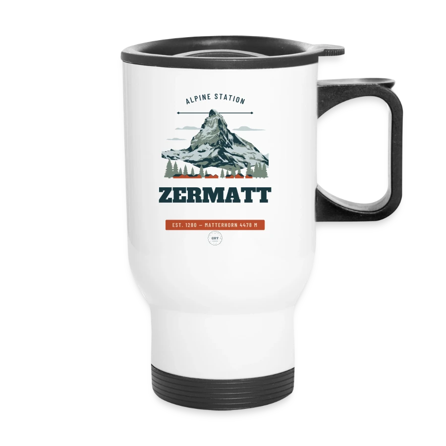 Zermatt badge on a thermal mug with handle, white