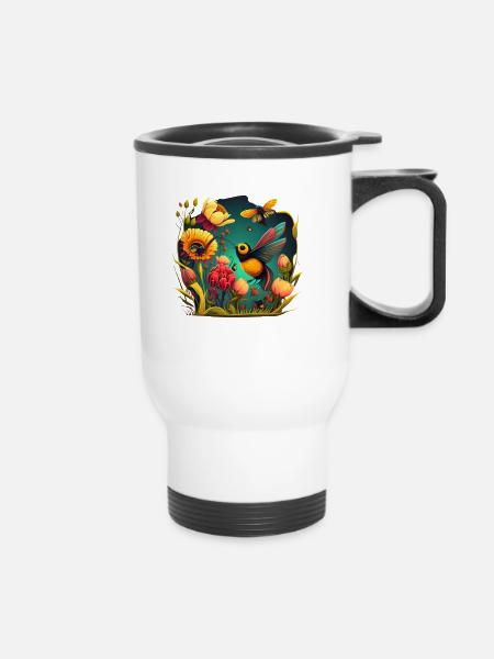 Blumen und Fauna - Thermobecher mit Tragegriff - Weiß