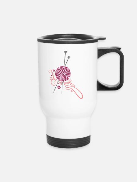 Stricken, Handarbeiten, Stricknadeln Wolle - Thermobecher mit Tragegriff - Weiß
