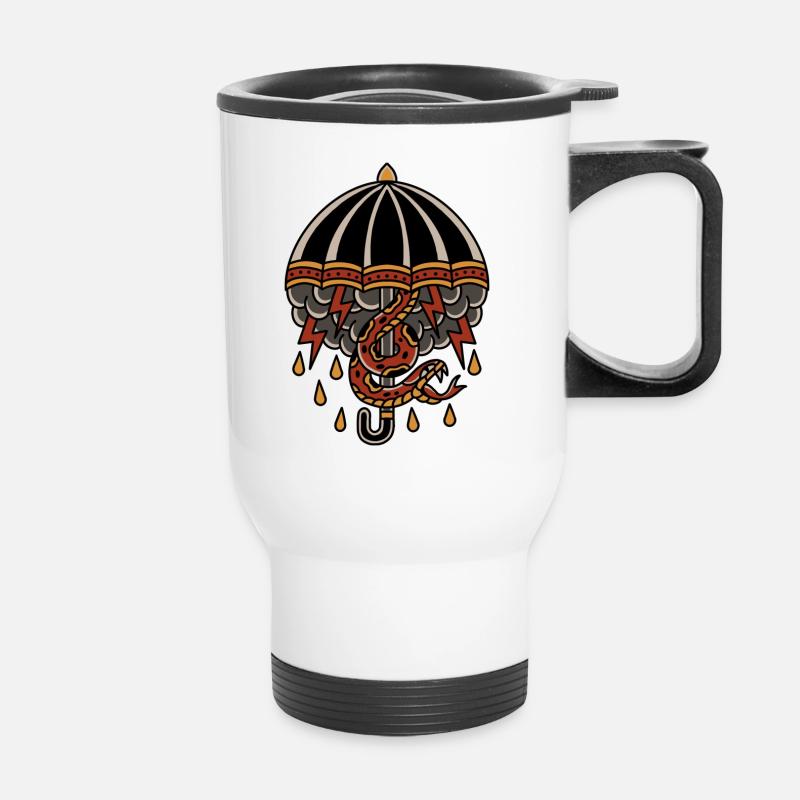 Old school tattoo umbrella, thunder cloud, snake - Thermal mug with handle - white