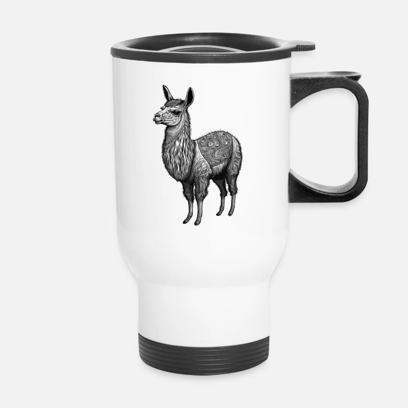 Black and White Llama Drawing with Patterns - Thermal mug with handle - white