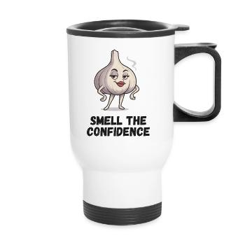 Knoblauch Selbstvertrauen Cartoon Dame Garlic - Thermobecher mit Tragegriff - Weiß - Vorne