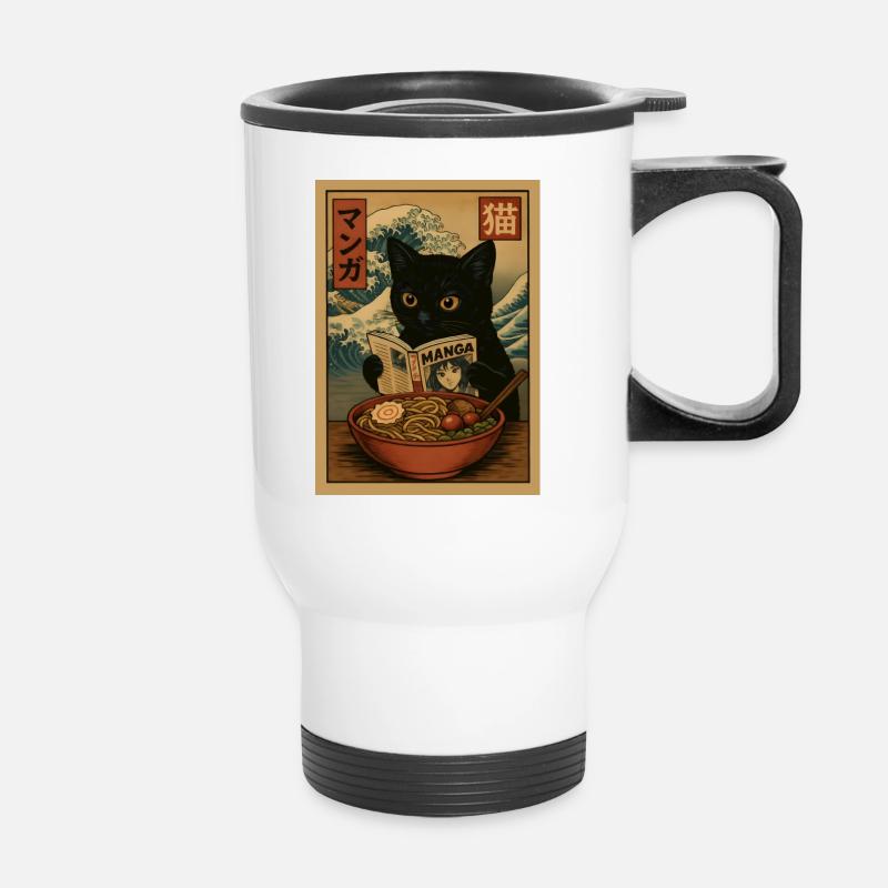 Cat read Manga eating Ramen Wave - Thermal mug with handle - white