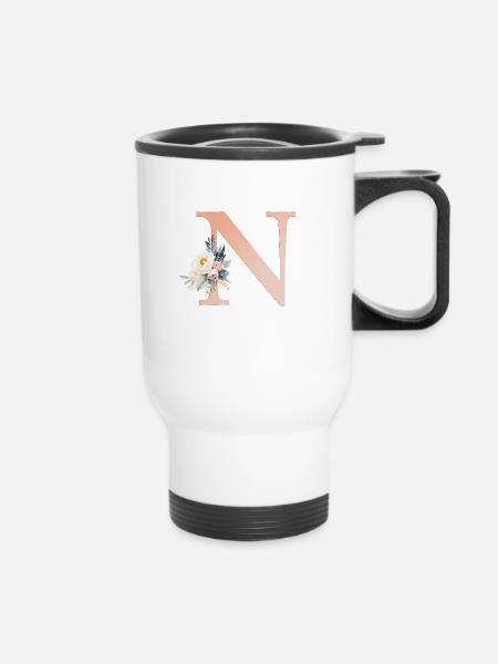 N Monogramm , Floral, Boho - Thermobecher mit Tragegriff - Weiß