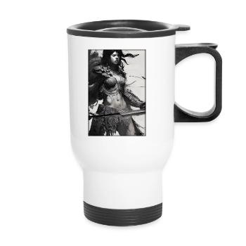 Warrior Woman Sword Vintage Black White - Thermal mug with handle - white - Front