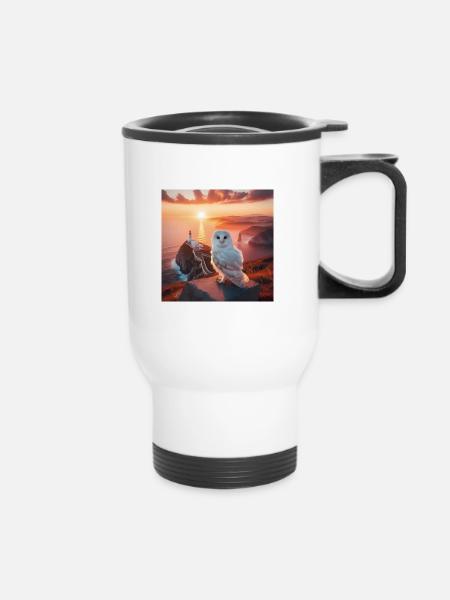 A white owl against the background of the sea. - Thermal mug with handle - white