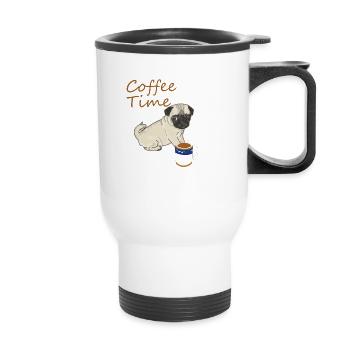 Hund mit Kaffee Kaffeezeit Geschenk - Thermobecher mit Tragegriff - Weiß - Vorne
