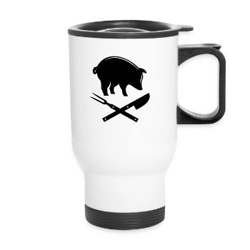 Grilling fork knife pig meat steak masters - Thermal mug with handle - white - Front
