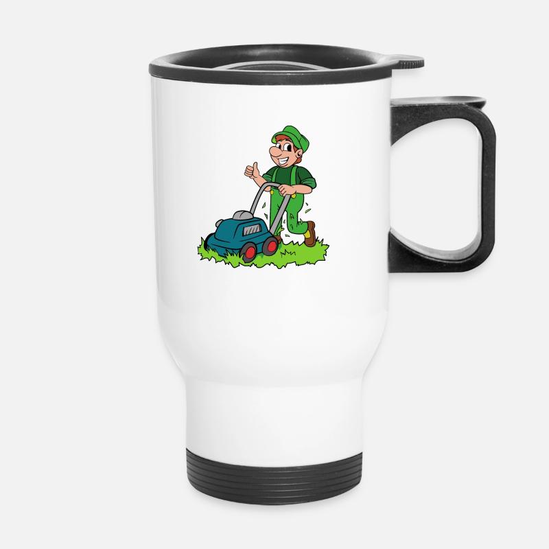 Gardener with lawnmower - Thermal mug with handle - white