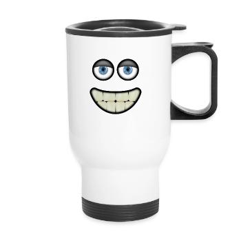 Funny smiling face with eyes and big teeth - Thermal mug with handle - white - Front