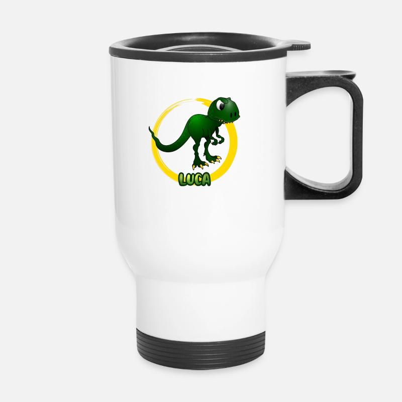Kleiner T-Rex | Name: Luca | Dino - Thermobecher mit Tragegriff - Weiß
