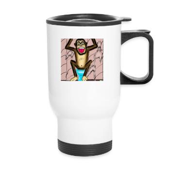 A laughing monkey on the toilet - Thermal mug with handle - white - Front