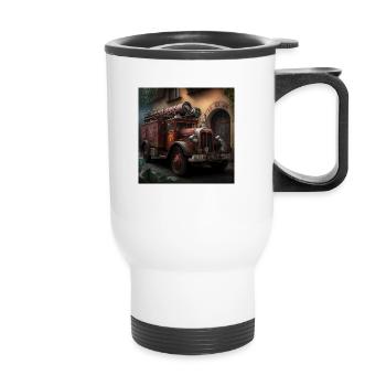 Vieux camion de pompiers devant la caserne - Tasse isotherme avec poignée - blanc - Devant