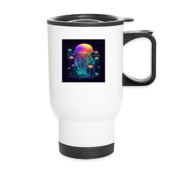 Neon jellyfish swims in the sea - Thermal mug with handle - white - Front