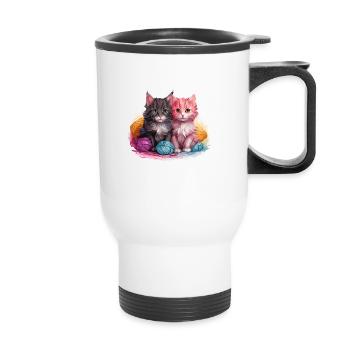 Two kittens with ball of wool in vector graphic style - Thermal mug with handle - white - Front
