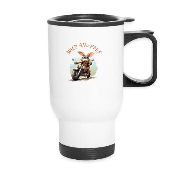 Wild and free - Der coole Hase auf dem Motorrad - Thermobecher mit Tragegriff - Weiß - Vorne