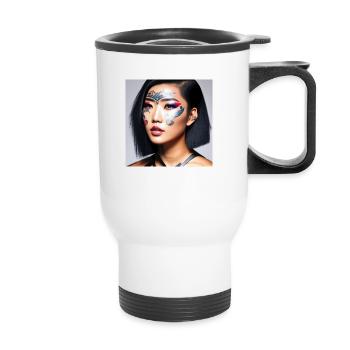 Female Face Tattoo Cyber Girl Retrofuturism - Thermal mug with handle - white - Front
