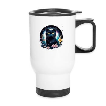 Chat rêvant dans le cosmos avec des fleurs et des étoiles - Tasse isotherme avec poignée - blanc - Devant