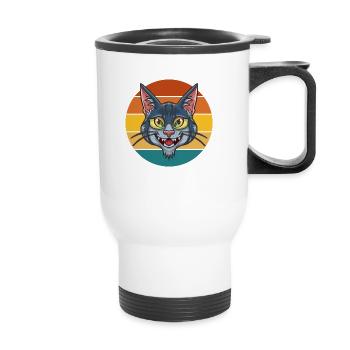 Retro Katzendesign - verrückte Katze - Thermobecher mit Tragegriff - Weiß - Vorne