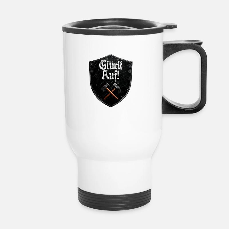 Good luck on logo mining miner mallet and iron - Thermal mug with handle - white