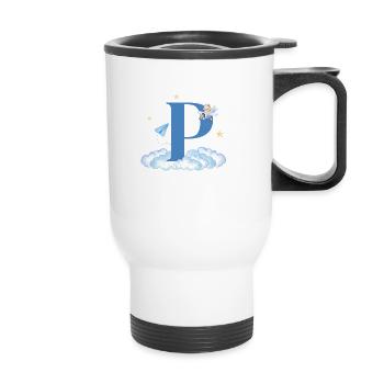 Letter p blue clouds airplane child - Thermal mug with handle - white - Front