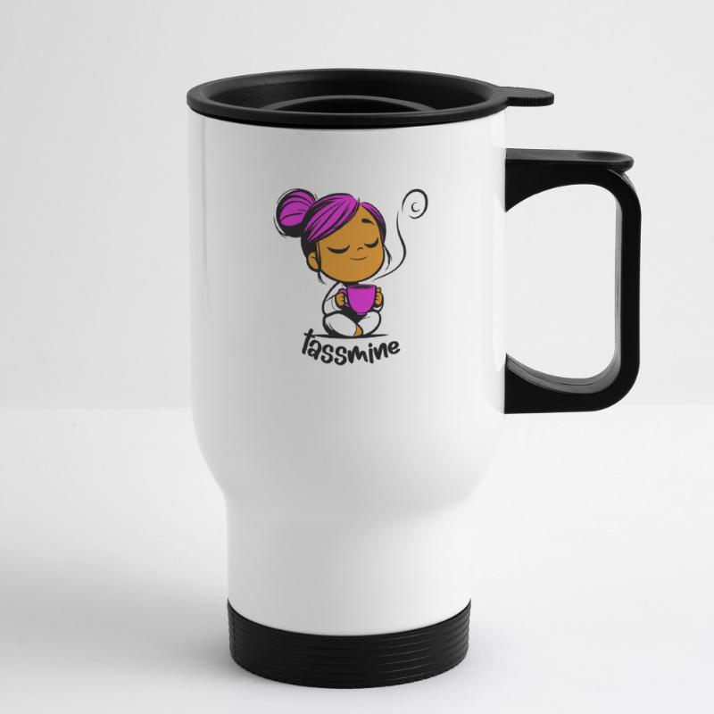 Tassmine enspannt mit einer Tasse Tee oder Kaffee Thermobecher mit Tragegriff