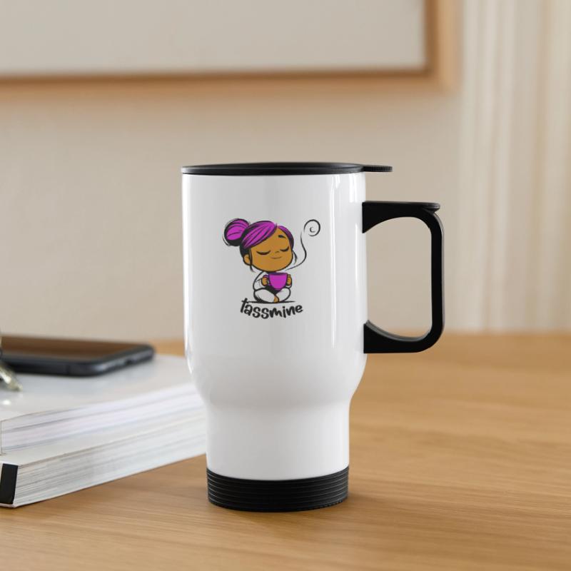 Tassmine enspannt mit einer Tasse Tee oder Kaffee Thermobecher mit Tragegriff