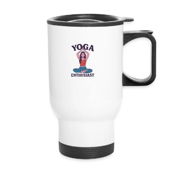 "Yoga Enthusiast – Calm, Focus and Inner Balance" - Thermal mug with handle - white - Front