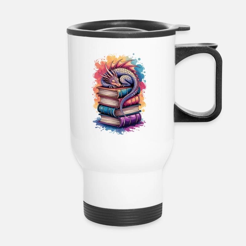 Schlafender Drache auf Bücherstapel – Fantasy pur - Thermobecher mit Tragegriff - Weiß