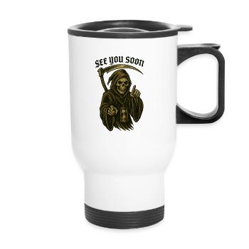Old school mower – SEE YOU SOON - Thermal mug with handle - white - Front