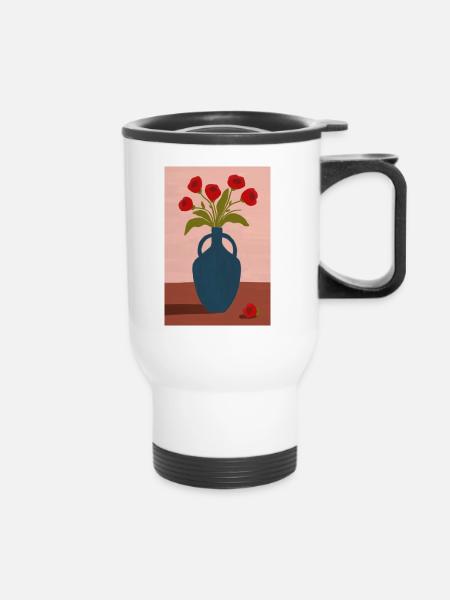 Red Poppies in Blue Vase - Thermobecher mit Tragegriff - Weiß