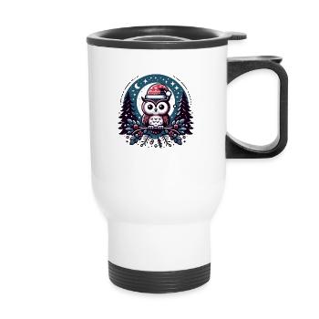 Mignon hibou avec chapeau de Père Noël assis sur une branche - Tasse isotherme avec poignée - blanc - Devant