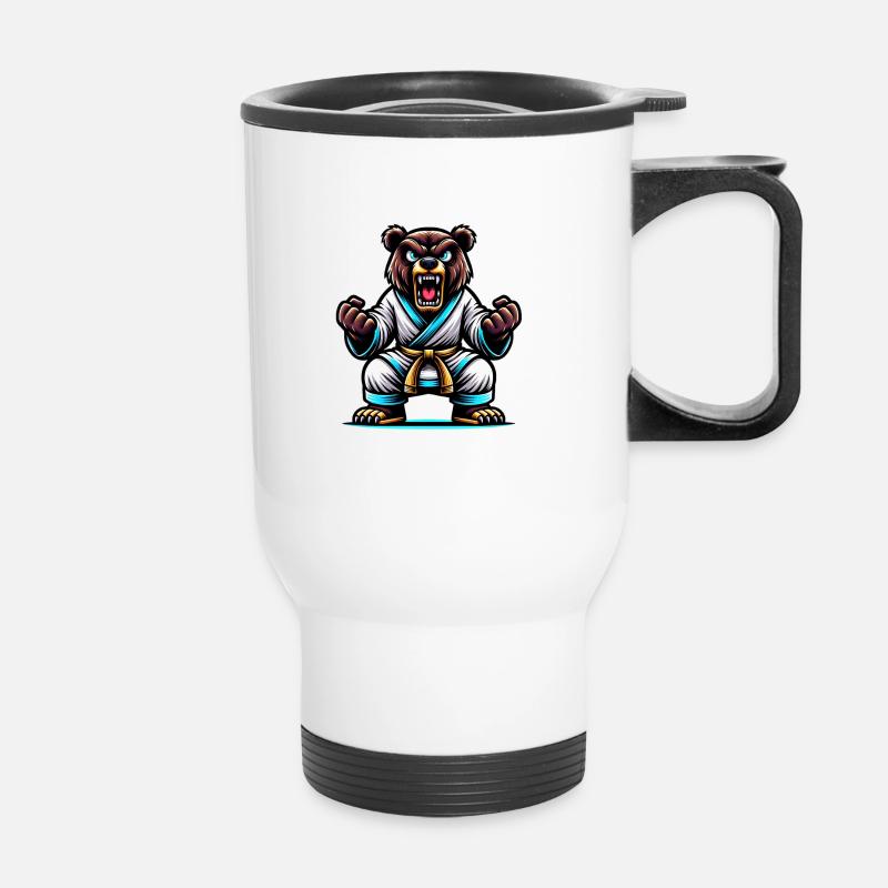 Karate Bear in White Gi with Yellow Belt - Thermal mug with handle - white