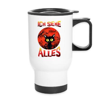 Schwarze Katze Halloween Spruch "Ich sehe alles" - Thermobecher mit Tragegriff - Weiß - Vorne