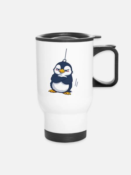 Grummeliger Pinguin hängt - Thermobecher mit Tragegriff - Weiß