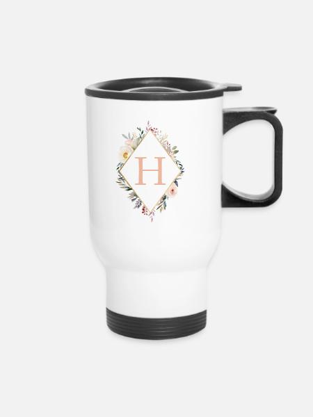 H Monogramm , Floral, Boho - Thermobecher mit Tragegriff - Weiß
