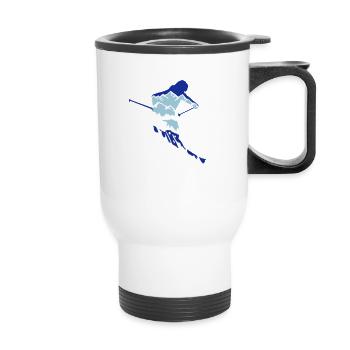 Skier and mountain silhouette - skiing, skiing - Thermal mug with handle - white - Front