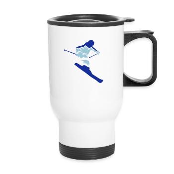 Skier and mountain silhouette - skiing, skiing - Thermal mug with handle - white - Front