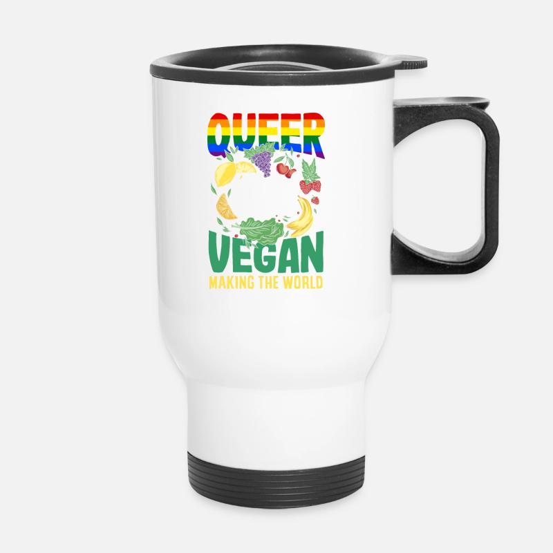 Queer and vegan - making the world a kinder place - Thermal mug with handle - white