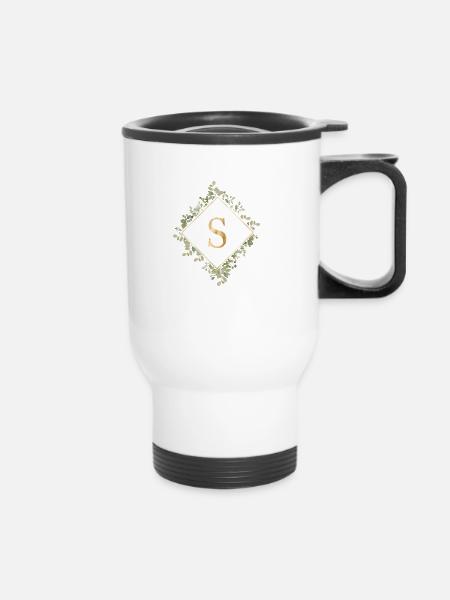 S Monogramm Eukalyptus Kranz - Thermobecher mit Tragegriff - Weiß