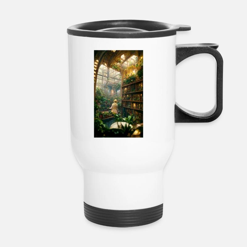 Bibliothèque secrète de jardin à l’intérieur d’une serre - Tasse isotherme avec poignée - blanc