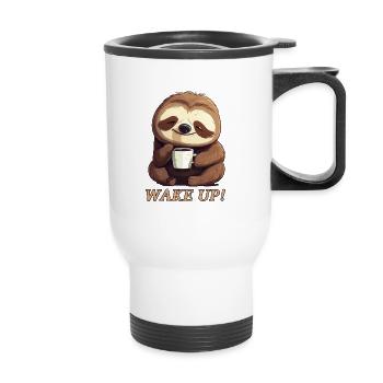 Faultier Morgenmuffel Kaffee aufwachen wake up - Thermobecher mit Tragegriff - Weiß - Vorne