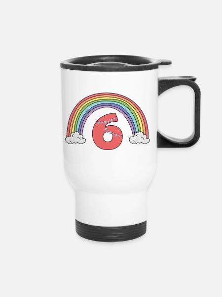 6 Geburtstag Regenbogen Pastell Mädchen Niedlich - Thermobecher mit Tragegriff - Weiß